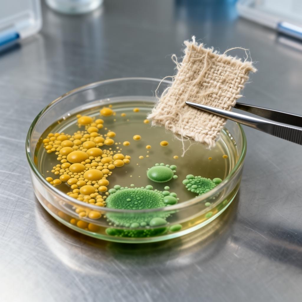 Placa de Petri com colônias de Staphylococcus aureus (amarelo-douradas) e Pseudomonas aeruginosa (esverdeadas) isoladas a partir de uma amostra de tapete de banheiro convencional